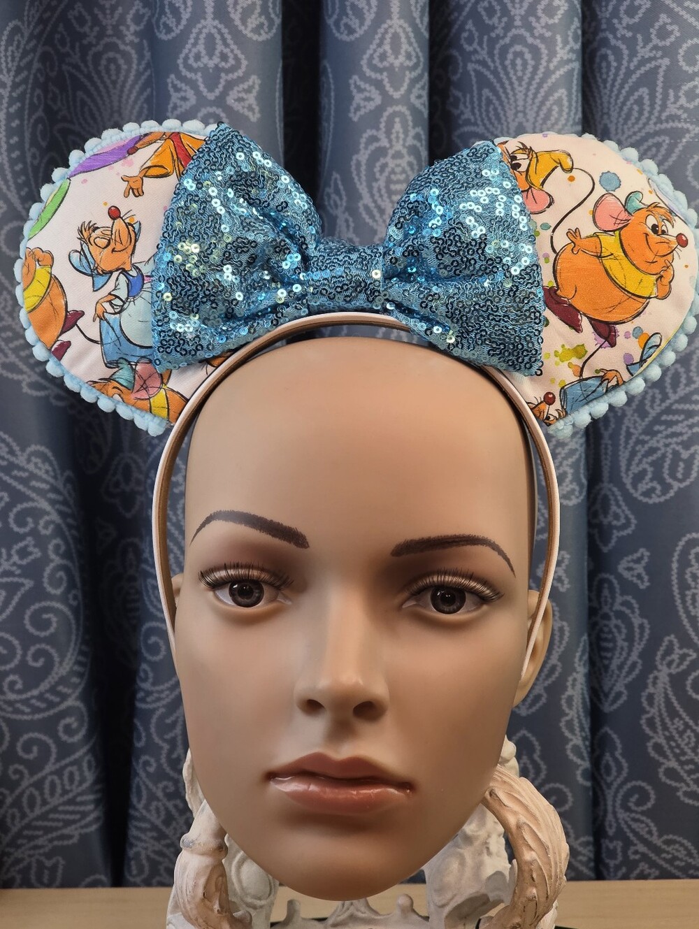 Disney Cinderella Jaq & Gus Mouse Ears Headband-Blue Sequin Bow- Handmade